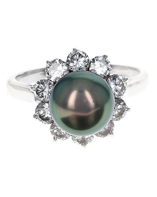 Black Tahitian Pearl and Diamond Halo Ring